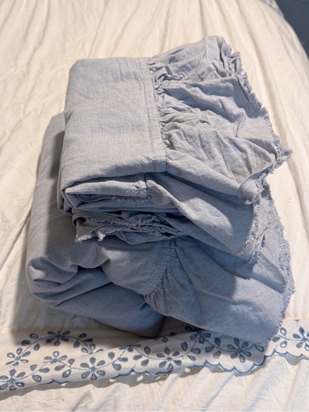 Pottery Barn Teen Chambray Ruffle Duvet + 2 Standard Shams
